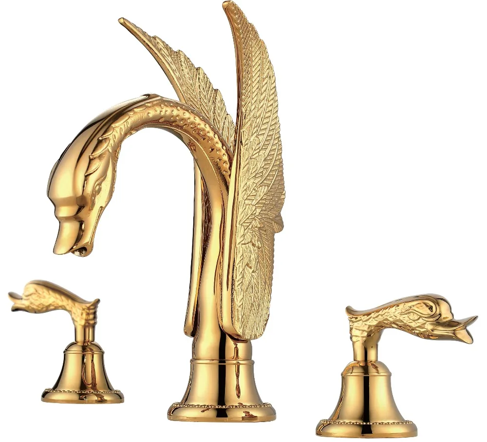 3 Pcs gold colour 25CM Short swan sink faucet widespread lavatory sink faucet deck mounted