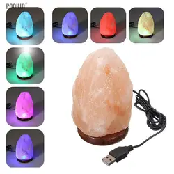 LED Changeable Colors  Himalayan Crystal Rock Salt Lamp Natural Hand Carved USB Wooden Base  Air Purifier Night Light