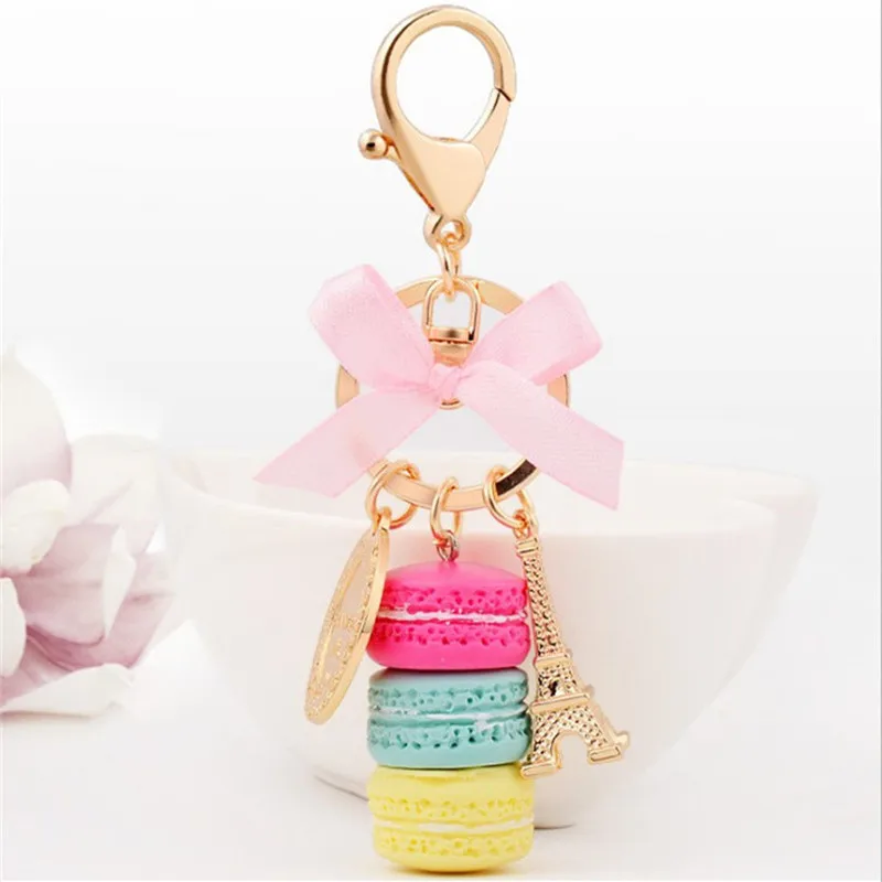 Creative Macarons Cake Keychain LADUREE Effiel Tower Ribbon Key Chain Ring Women Handbag Bag Charm Fashion Trinket Wholeasle