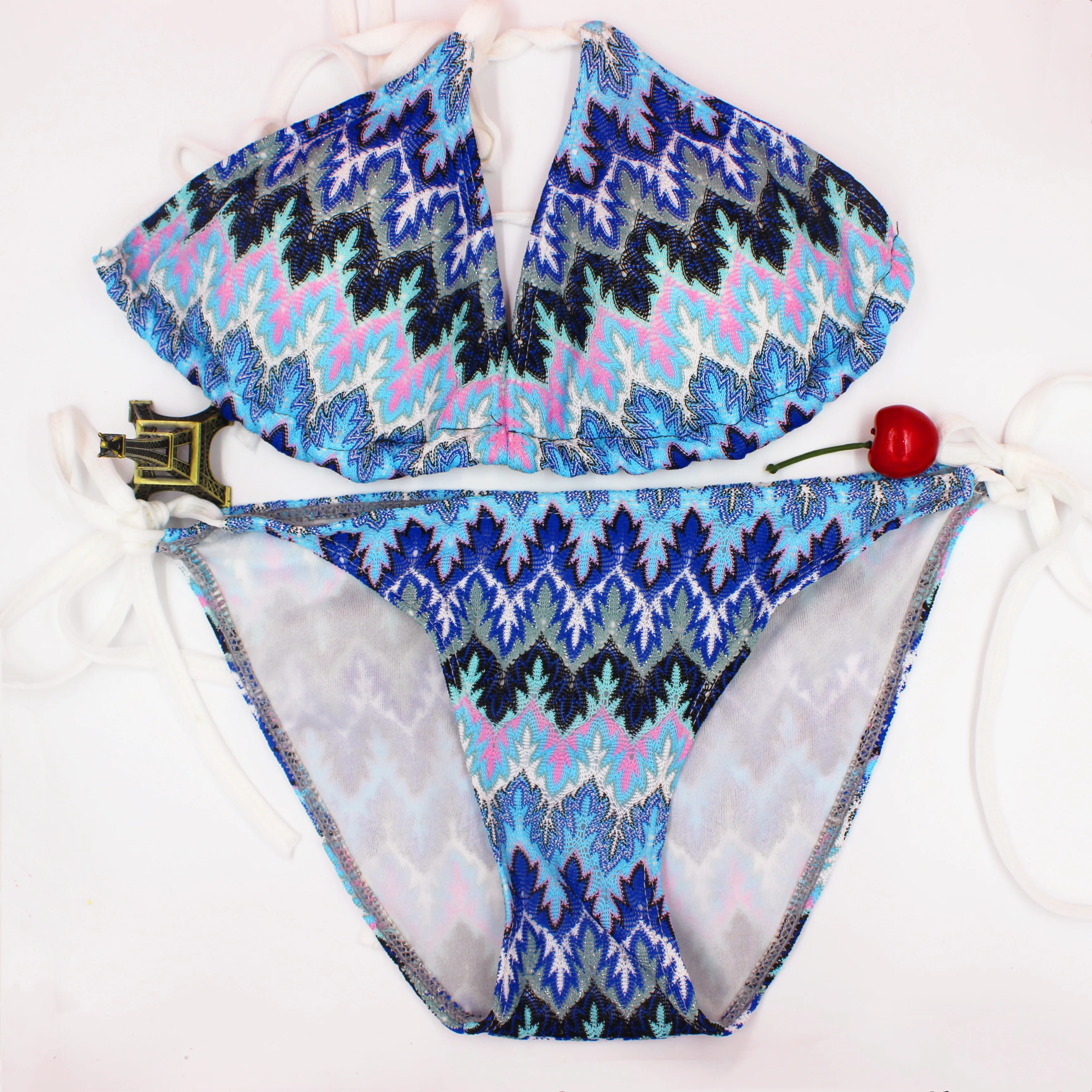 

Women Bra Bikini Suits Striped Fabrics Summer Swimsuits Lingerie Free Tie Halterneck Push Up Crochet Strappy Beach Suit