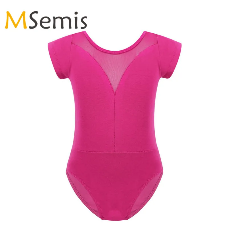 

Kids Short Sleeves Mesh Splice Dance Wear Gymnastics Leotards for Girls Ballet Gymnastics Bodysuit for Stage Performance