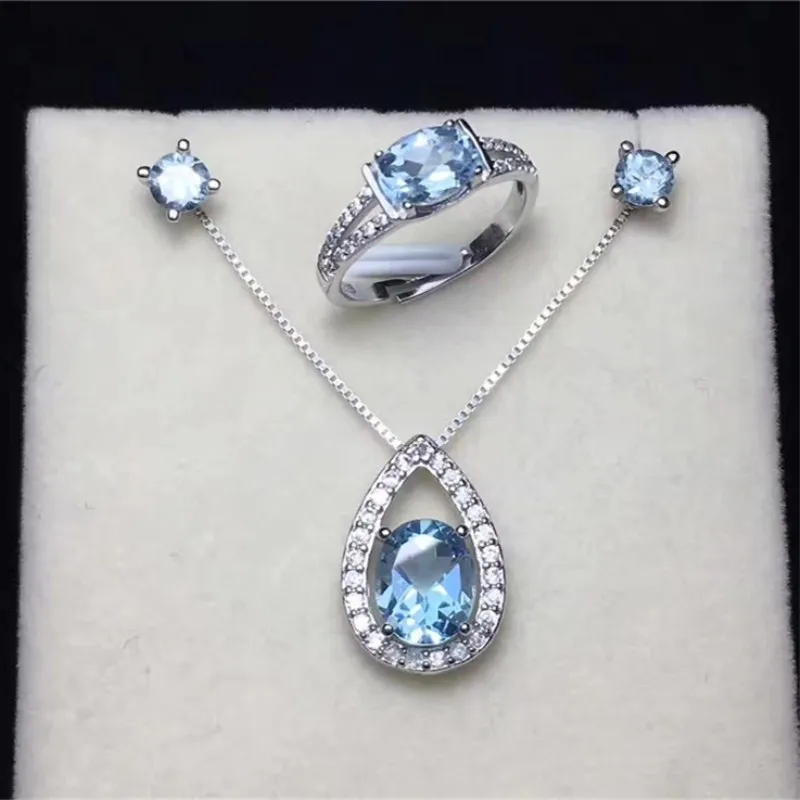 

Natural Gemstone Fine Jewelry Sets For Women 925 Silver Ring Stud Earrings Necklaces Pendants Blue Topaz Oval 3PCS Set CCS004-1