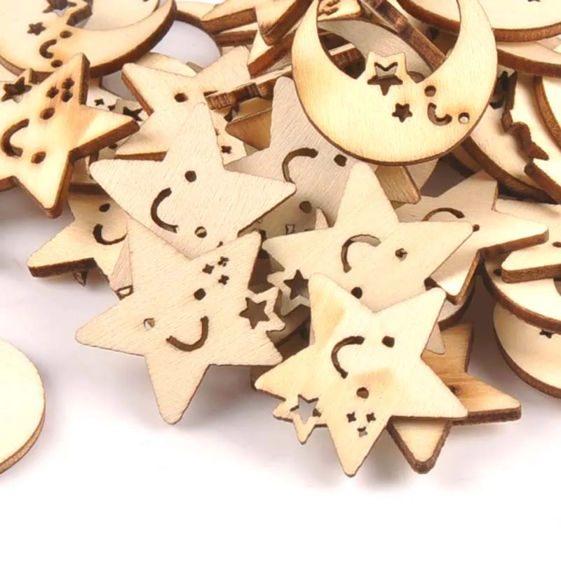 24-27mm 25Pcs Wooden Ornament Moon And Star Pattern For DIY Crafts Scrapbook Accessories Handmade Wood Slices Home Decor M1704