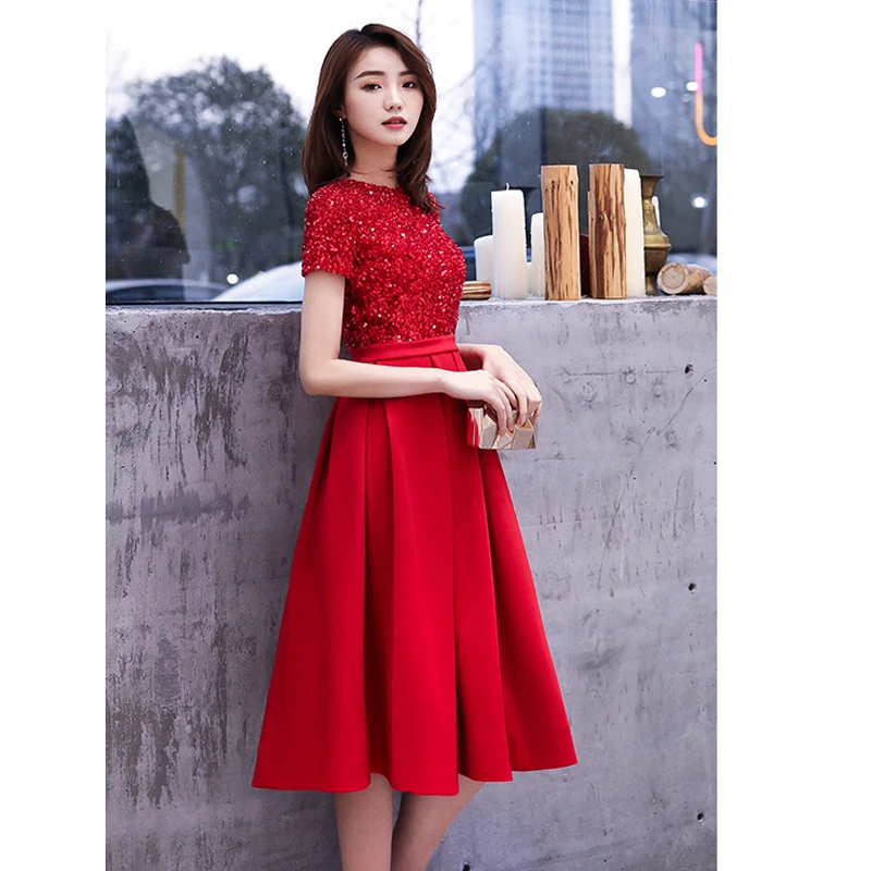 it\'s YiiYa Prom Dress Red Sequins Kneel-Length Dresses Short Sleeves Zip Women Party Night Vestidos de Gala Plus Size 2019 E455