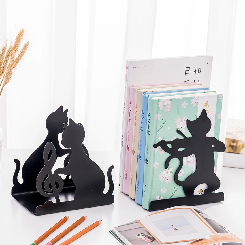 1 Pair Creative Metal Cat Bookends Book Holder Black Decorative Desk Art Book Stand Support Home Office Book Stopper Organizers