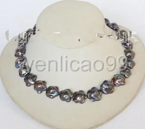 

18mm Baroque black Reborn Keshi flower pearls necklace silver clasp