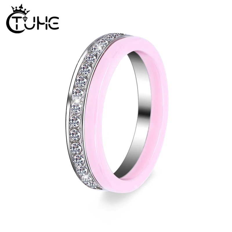 2pcs/Set Fashion Lovely Pink Ceramic Rings Plus One Half Rhinestone Rings for Women Men Clear Crystal Wedding Female Teen Gift