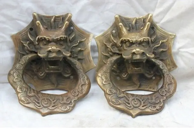 

Chinese Old 4.8" Copper Bronze Dragon Head Fengshui Door Knocker Statue Pair Door Knocker decoration bronze factory outlets