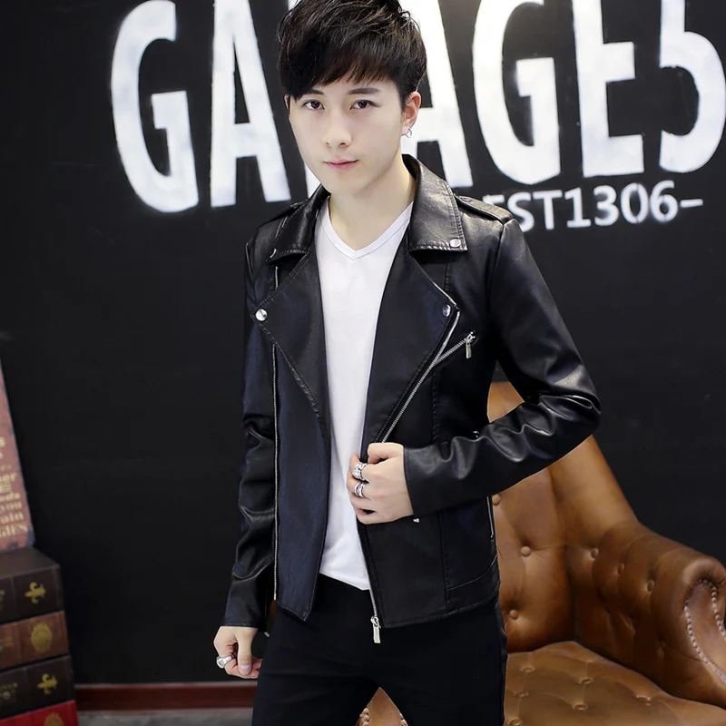 Men\'s Leather Jackets Men lapel Collar Coats Male Motorcycle Leather Jacket Short belt jacket Casual Slim Brand Clothing