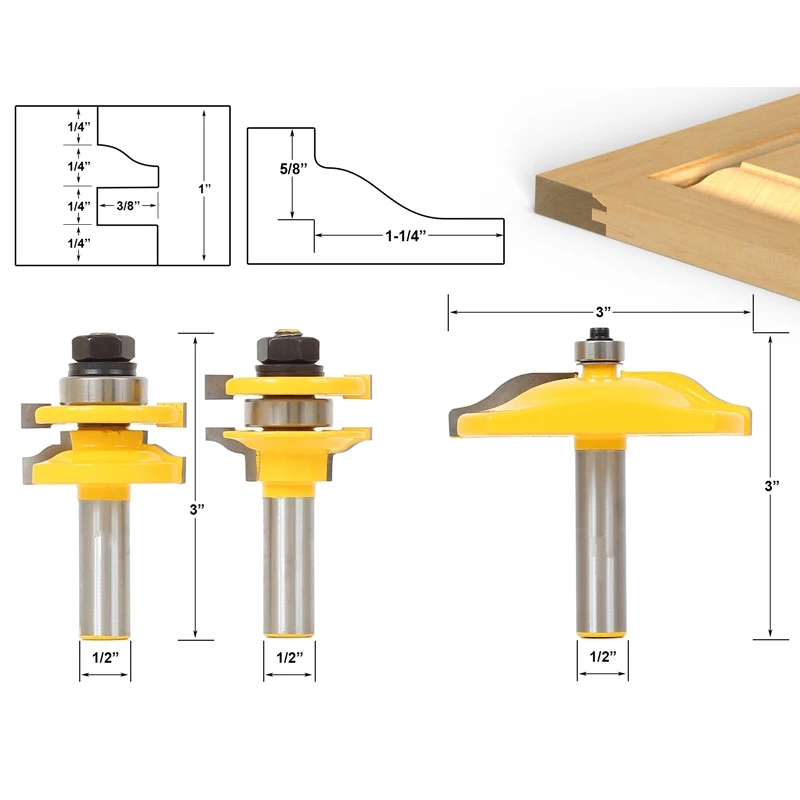 3pcs/lot Bit Raised Panel Cabinet Door Router Bit Set - 1/2