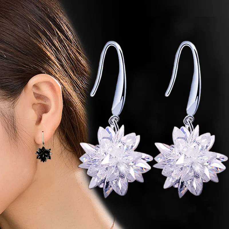 mziking new 6 Color Exquisite AAA Crystal Zircon White Snowflake Earrings Sterling  s925  Puck Dangle Earrings Geometric E1704