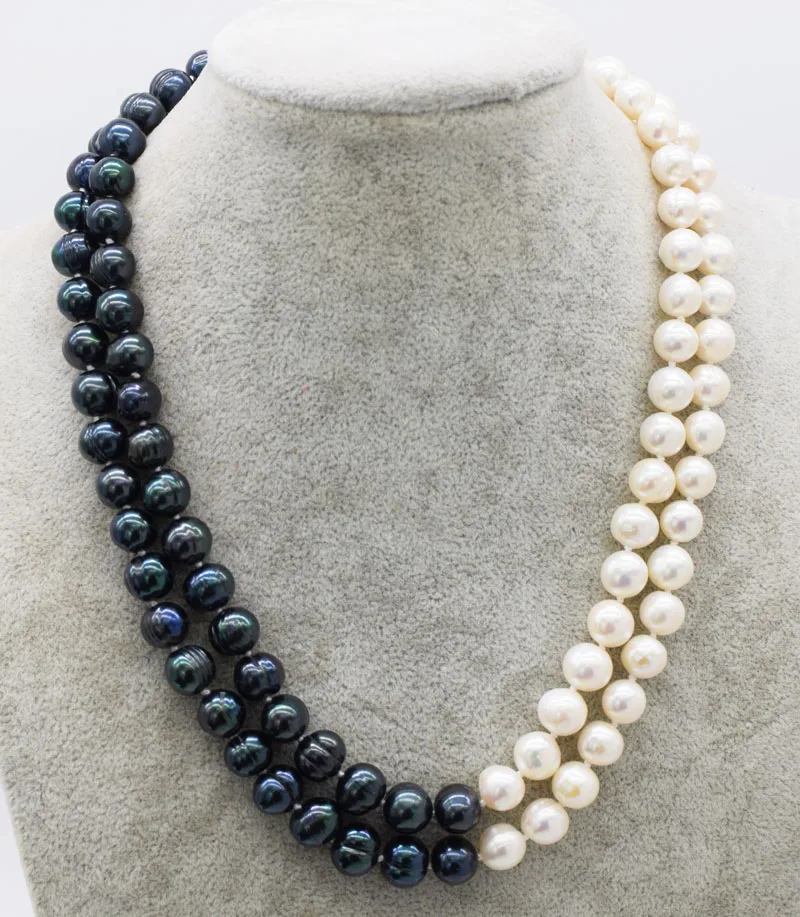 2ROWS  freshwater pearl WHITE and black NEAR ROUND 9-10MM  necklace  17-18inch FPPJ wholesale beads nature