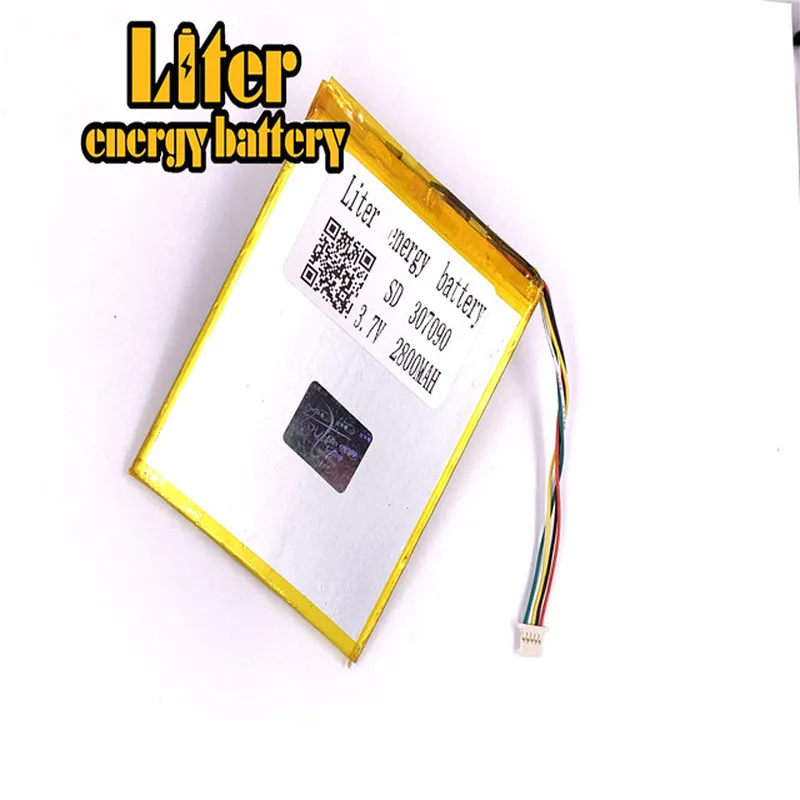 1.0MM 5pin connector 307090 2800mah 3.7V Rechargeable lipo battery solar li ion polymer lithium battery tablet pc 7 inch MP4 MP5