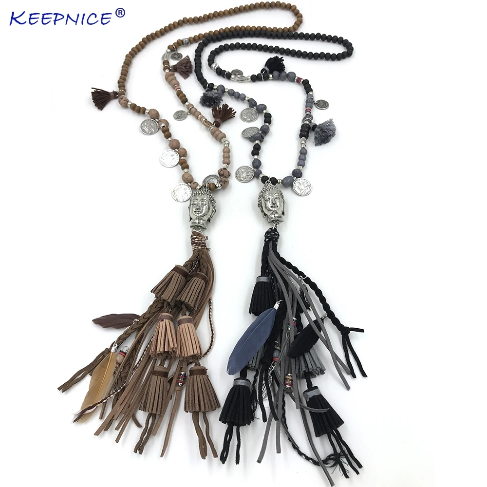 New vintage wooden beads long fringe tassel pendant necklace Indian Buddha pendent necklace Tibetan Buddhism ethnic necklace