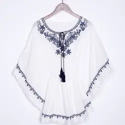 2021 Vintage 70s Ethnic Mexican Floral Embroidery Hippie Cotton Batwing Loose Tops Boho Blouse Womens Blusa Femininas