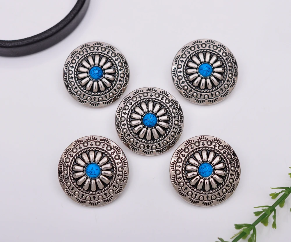 10pcs 30X30mm Bling Silver Tribal BLUE Bead Flower Leathercraft Saddles Sewing Back Shank Conchos for Clothes Coat  Dress Decor