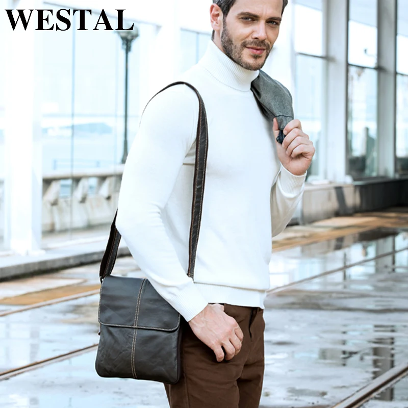 Imagem -02 - Westal-bolsa de Ombro de Couro Genuíno Masculina Bolsa Mensageiro Tampa Crossbody Flap Presente Marido Designer 8006