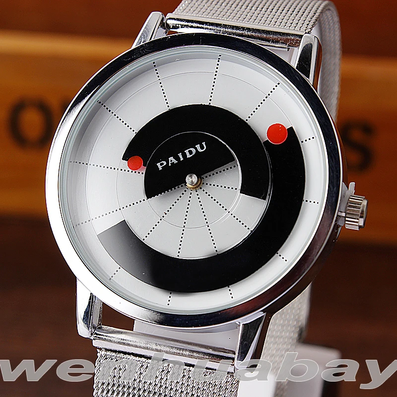 Paidu Unique Arc pointer Black/White Quartz Stainless Mesh Band Wrist Watch Mens Boy Turntable Dial Digital Gift Wristwatches
