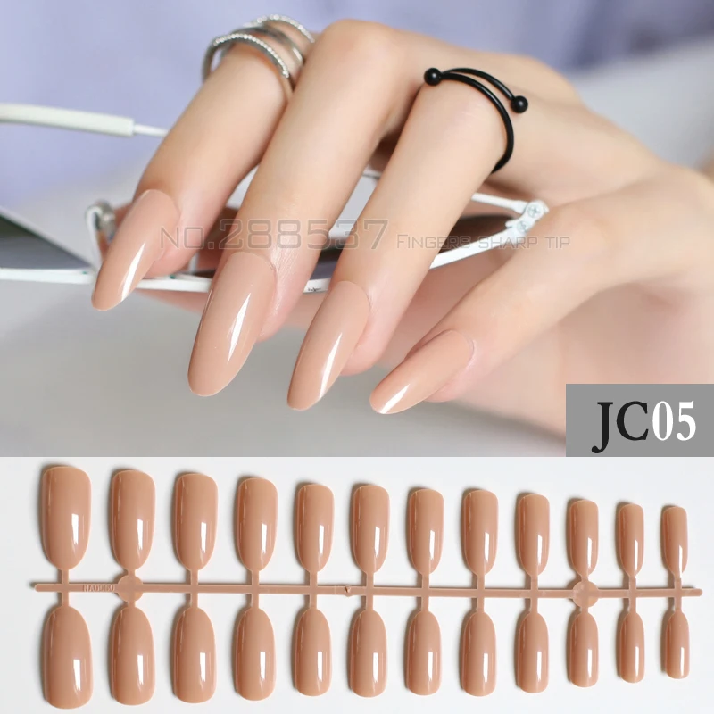 New light blown Almond long oval personality Designs Round False nails 24pcs Full Nail Pure decorating candy Fake nails JC05