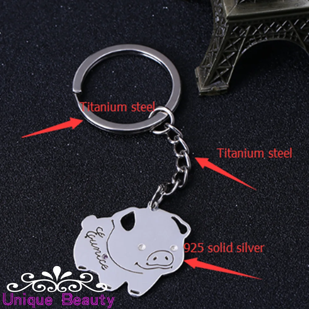 Customized Keychain 925 Solid Silver KeyChain Pig Shape With Birthstone Personalized Keychain Wholesale Christmas Gift