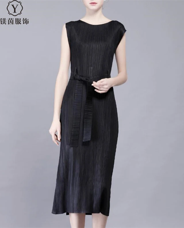 

HOT SELLING Miyake pleated one-piece dress tank dress full dress elastic waist lacing slim dress IN STOCK