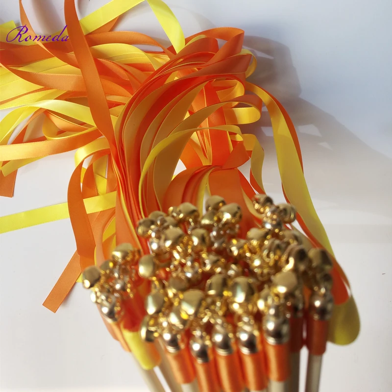 

Hot sale 50pcs/lot yellow & orange stain wedding ribbon stick With gold Bells for wedding party
