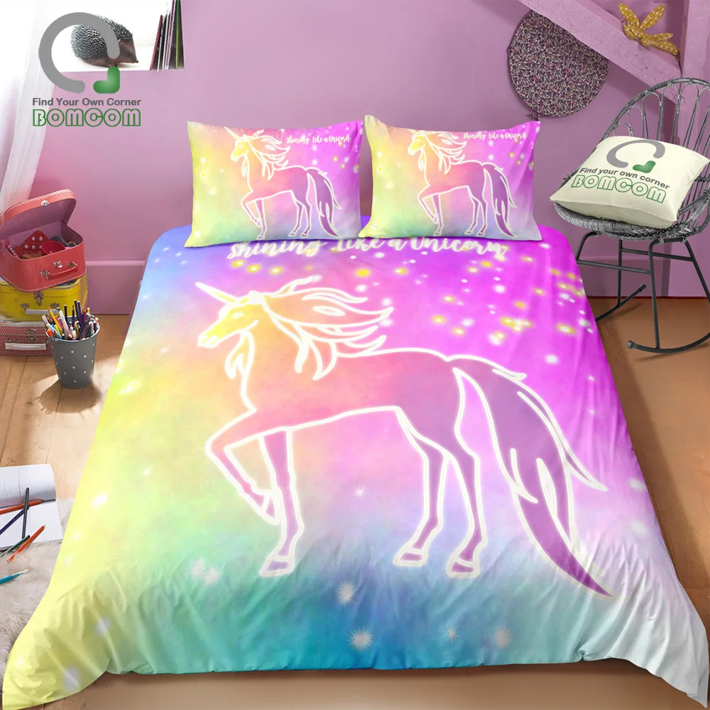 BOMCOM 3D Digital Printing Bedding Set Shining Like Unicorn Sparkle Neon Lamp 3-Piece Duvet Cover Sets 100% Microfiber