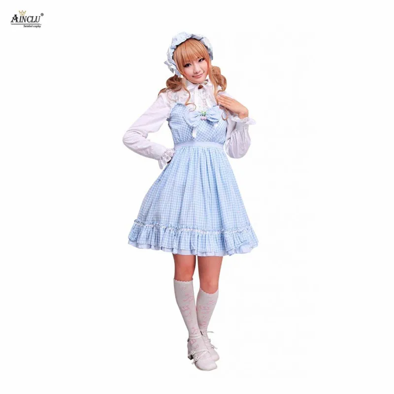 

Ainclu Free Shipping XS To XXL Cemavin Womens Cotton Blue White Gingham Check School Lolita Dress for Adults four Seasons