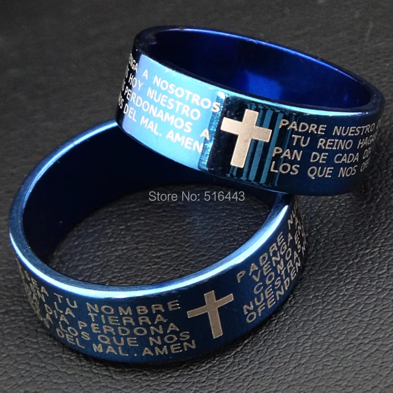 10pcs Guaranteed  New 6m Religious Blue 316L Titanium Stainless Steel Cross Verses Men's Women Ring Wholesale Jewelry Lots A065