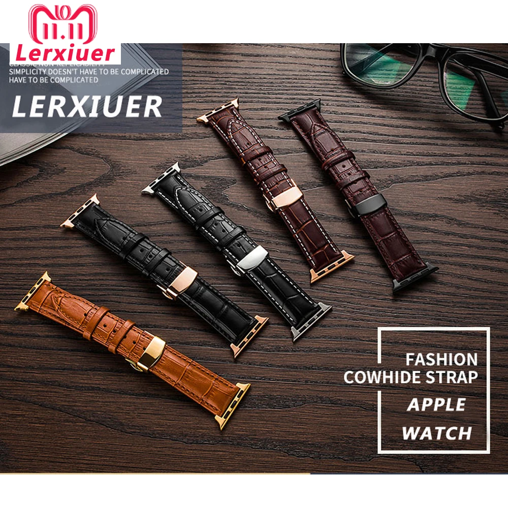 Leather strap for Apple watch band 44mm 40mm 45mm 41mm 49mm 42mm 38mm Butterfly buckle Bracelet iwatch serie 3 5 6 se 7 8 ultra