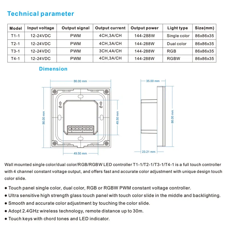 Touch Panel LED Dimmer Controller Wall Mounted Switch DC 12V-24V for single color / dual color /  RGB / RGBW strip light bulb