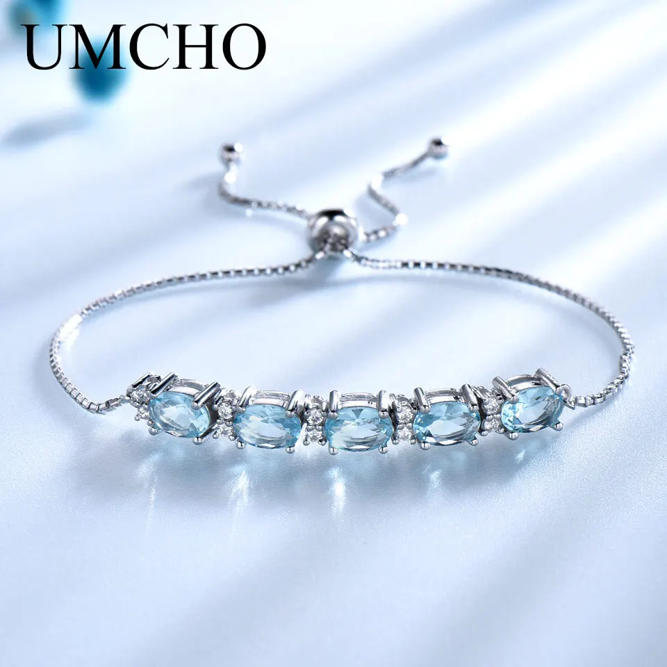 

UMCHO Oval Natural Sky Blue Topaz Bracelets & Bangles Free Expansion Real 925 Sterling Silver Bracelets For Women Fine Jewelry