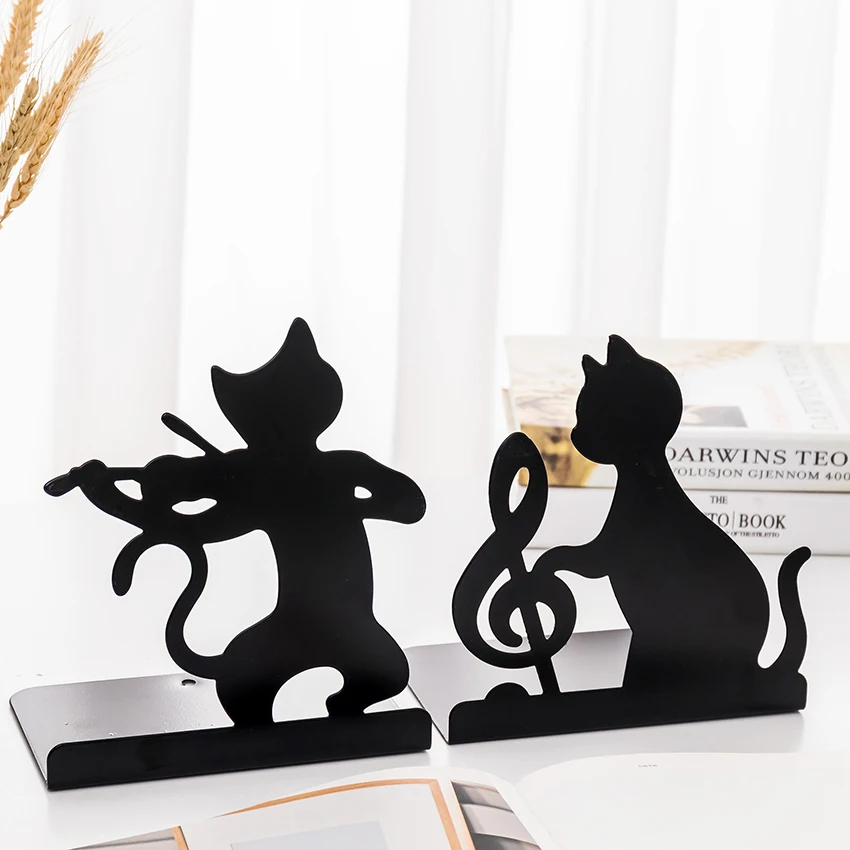 Sujetalibros creativo de Metal con forma de gato, soporte decorativo para libros, color negro, para escritorio, oficina y hogar, 1 par