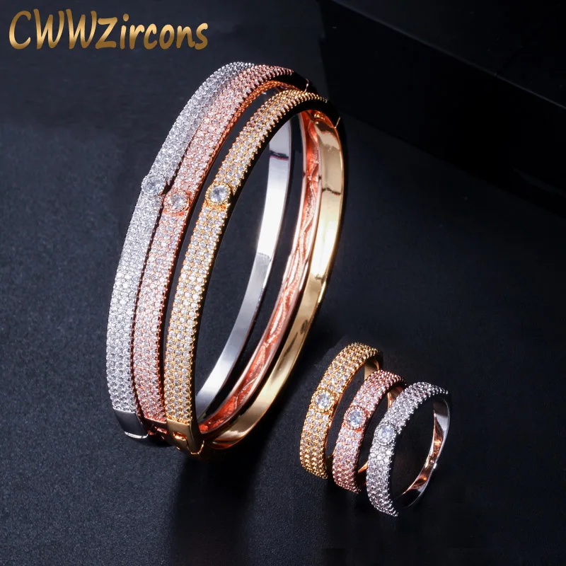 CWWZircons Luxury Round Bangle Ring Sets Fashion Dubai Gold and Silver Color Bridal Jewelry for Women Wedding Accessories T343