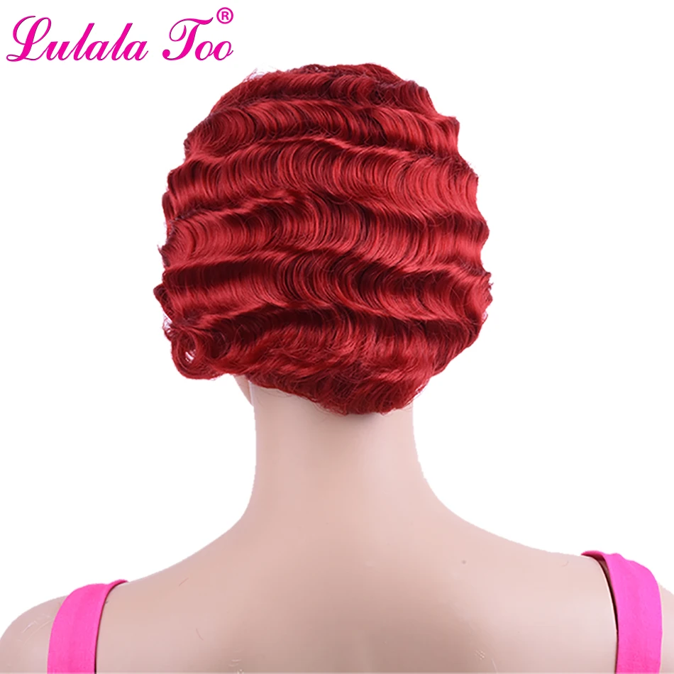 Short Red Finger Wave Wig Brown Blonde Curly Synthetic Wigs For Black Women Heat Resistant African American Pixie Cut Mommy Wig