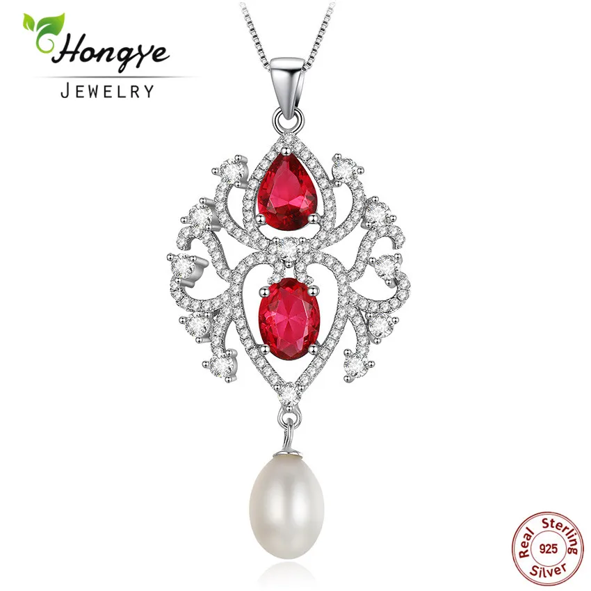 

Hongye 2020 Luxurious Natural Freshwater Pearl Pendant 925 Sterling Silver Necklace Jewelry Red and Green Pendant for Women