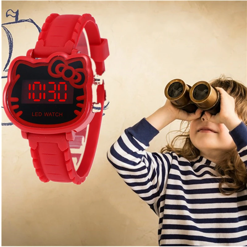 Kids Watches Children\'s Fashion Watch Girl Cartoon Waterproof Cute KT Cat LED Glowing Child Student Girl Electronic Watch