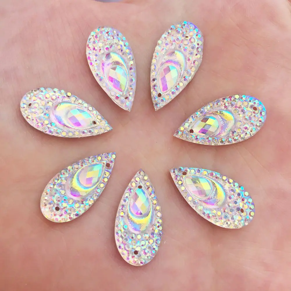 40PCS AB Resin 10*20mm Teardrop Peacock eye Flat back rhinestone applique scrapbook Wedding Embellishment diy 2 hole craft SK83