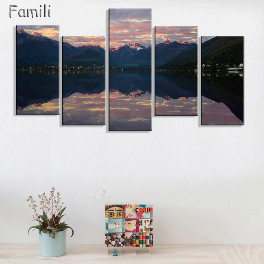 5Pieces/set HD Printed canoe sunset beach norway Painting Canvas Print room decor print poster picture canvas Free shipping