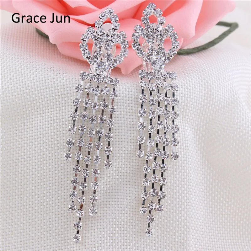 Grace Jun16 Colors Rhinestone Crystal Tassel Clip on Earrings Non Piercing for Women Charm Chandelier Jewelry Ear Clip Xmas Gift