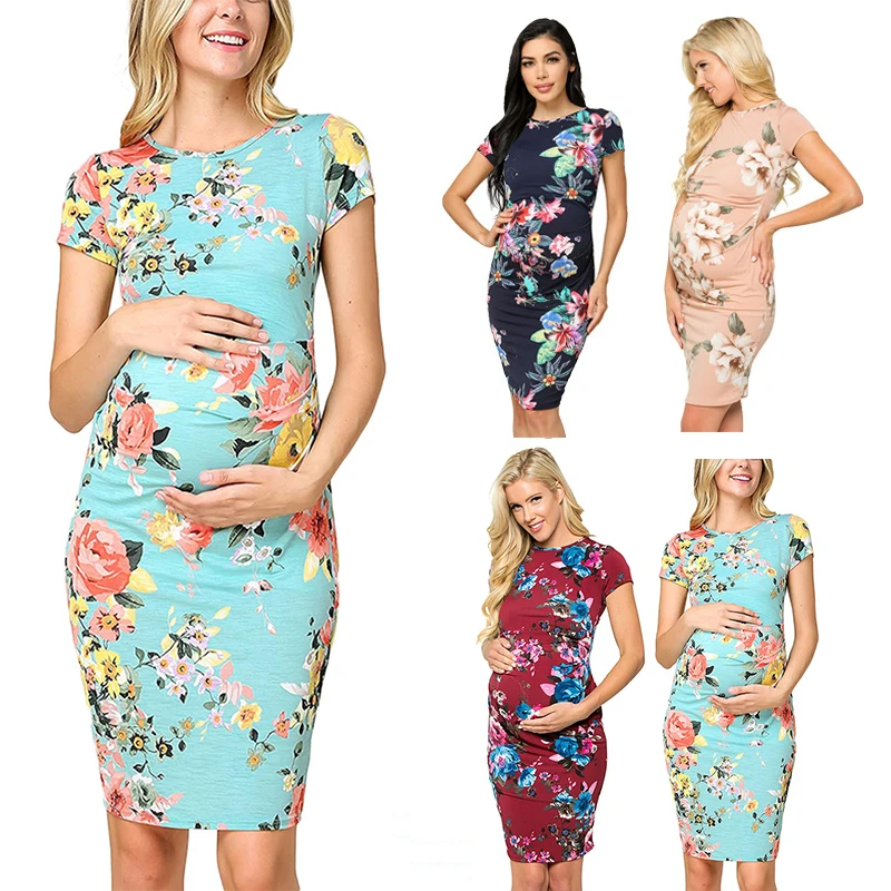 

Women Maternity Dresses Fashion Short Sleeve O-neck Printed Pregnant Dress Flower Patry Clothes Pregnancy Clothing