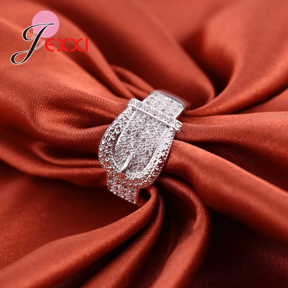 Unique Belt Shape Design Micro Pave Rhinestones Wide 925 Sterling Silver Band Rings For Women Wedding Anniversary