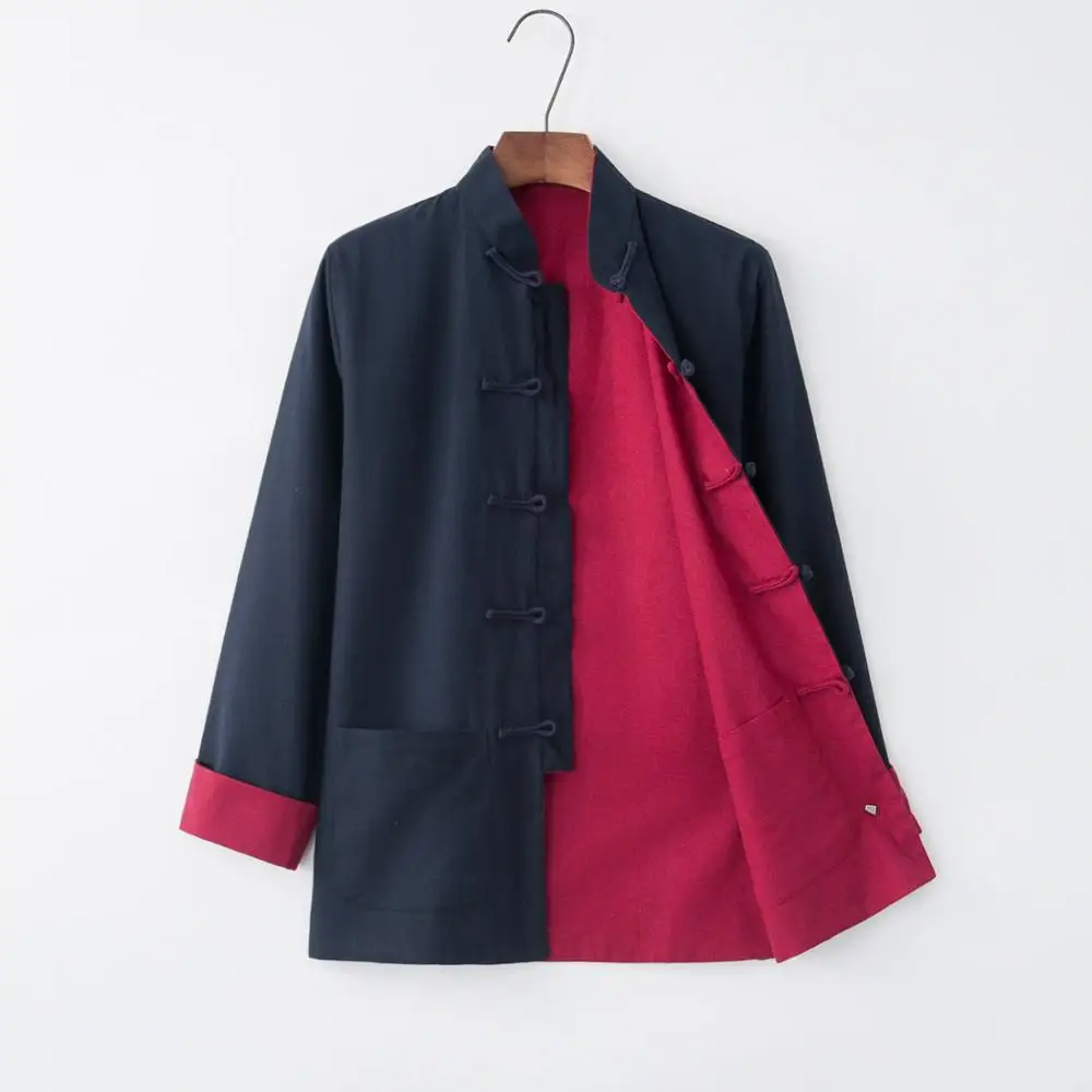 Reversible Autumn New Cotton Linen Chinese Traditional Men Long Sleeve Kung Fu Jacket Coat Tai Chi Uniform Clothing M-4XL