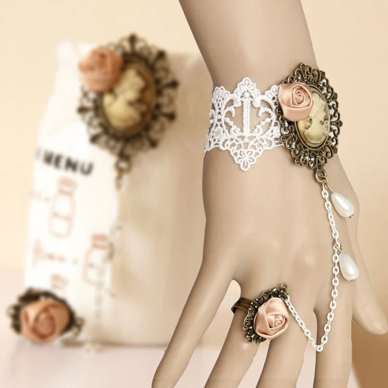 New Handmade Bridal Womens Queen Statue Flower Drop White Lace Adjustable Ring Bracelet Slave Set Wedding Gothic Fashion Jewelry