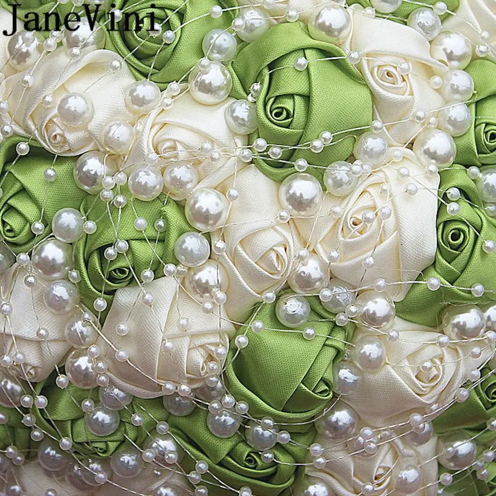 JaneVini Luxury Pearls Wedding Bouquet Blue White Bridal Bouquet Ivory Satin Rose Brooch Flowers Handmade Ramo Novia Para Lanzar