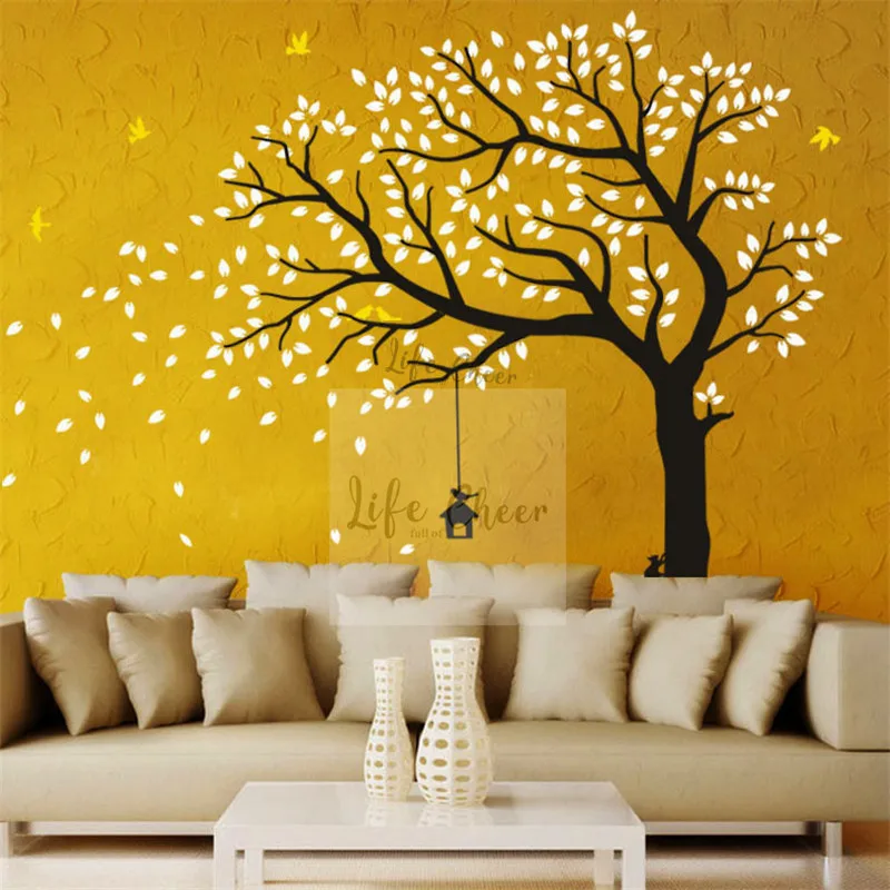 Autumn Tree Vinyl Wall Sticker Flying Birds With Tall Large Size Wall Art Decal Huge Tress Wallpaper Kids Room Forest DecorAC205