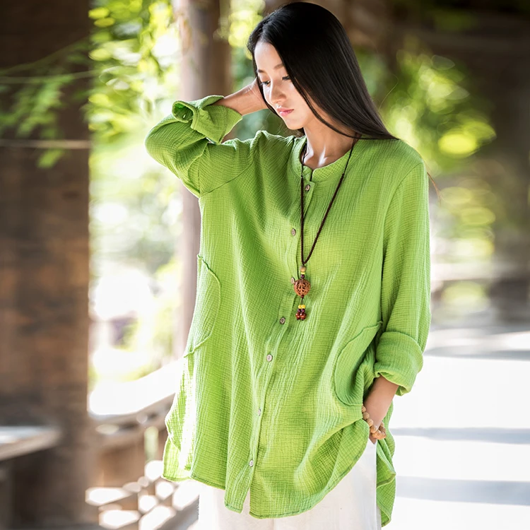 Double Cotton linen Cardigan spring and autumn shirt outwear soft comfortable long sleeve button blouse coat chemise femme