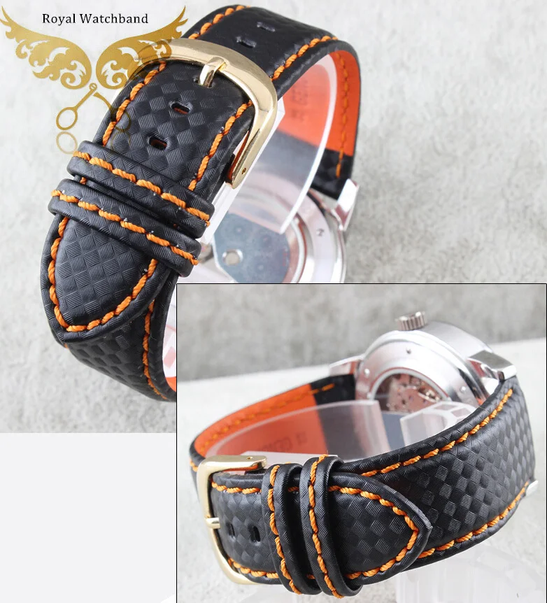 New Arrival!!! 22 Watch Band Waterproof Carbon Fibre Watch Strap with Orange Stitching Leather Lining Stainless Steel Clasp