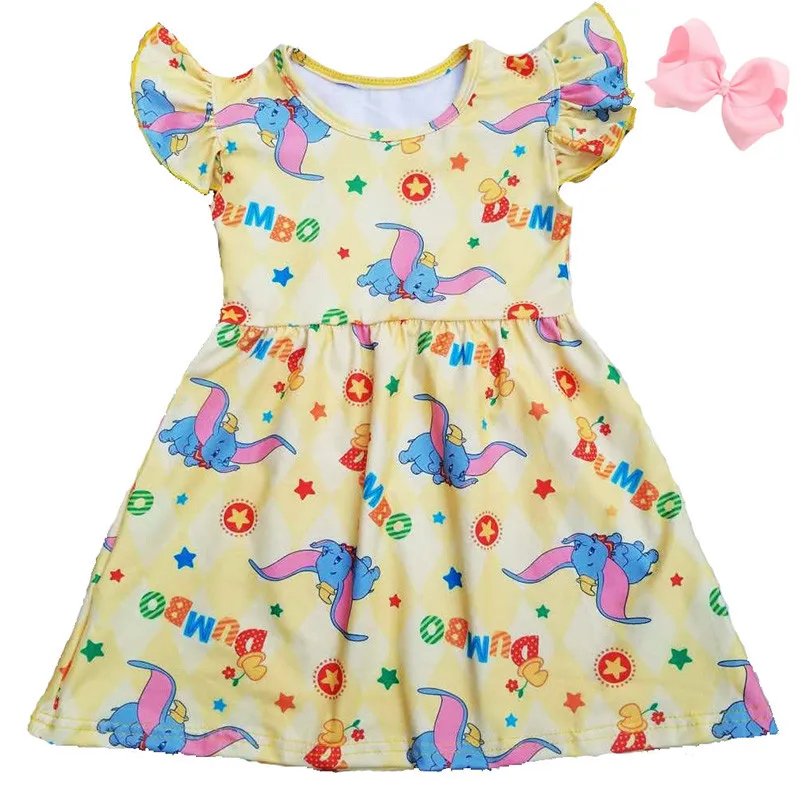 Hot selling fly elephant printed girls dress lovely elephant flutter dress knee length frock design picture baby clothing