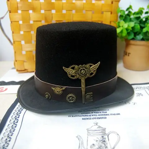 

New Costume Steampunk Top Hat with Belt & Gears Key Accessories Handmade Trilby Hats Gothic